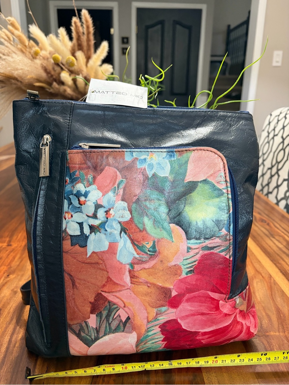 Matteo mio Navy Floral Leather Tote new with tag